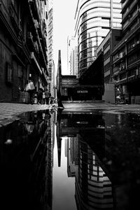 Reflection of buildings in puddle