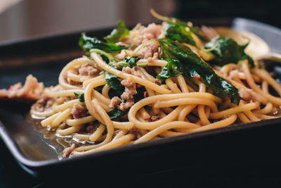 Close-up of noodles served in plate