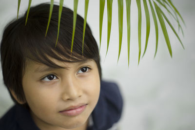 Close-up of boy looking up against tree