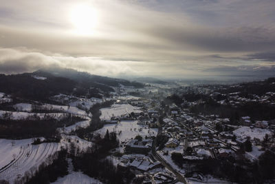 Aerial view of cityscape against sky during sunset