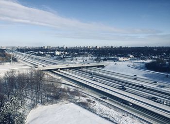 High angle view of city street during winter