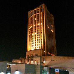 Low angle view of modern building at night