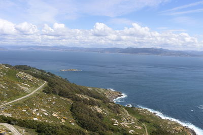 Scenic view of sea and mountains against sky