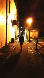 Rear view of silhouette people walking on illuminated street at night