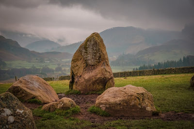 Rock formations on landscape against sky