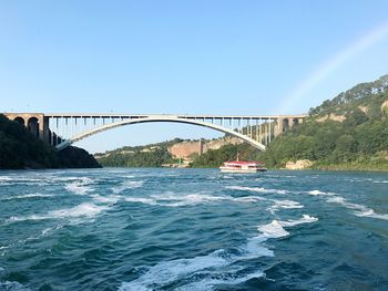 Bridge over river against clear blue sky
