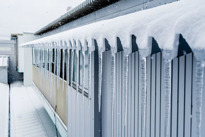 Close-up of icicles on snow covered building