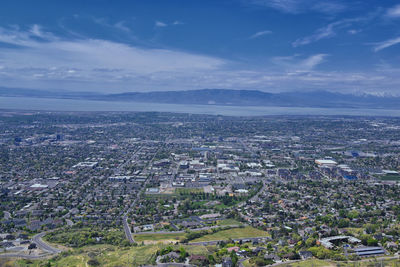 Provo landscape and utah lake bonneville shoreline trail bst wasatch front rocky mountains. usa