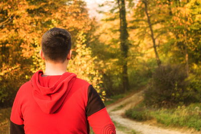 Rear view of man in forest