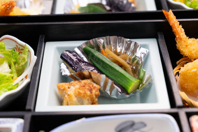 Close-up of food served on table