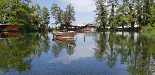 Scenic view of lake by trees against sky