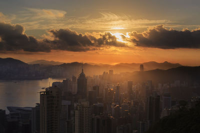 Aerial view of cityscape against sky during sunset 