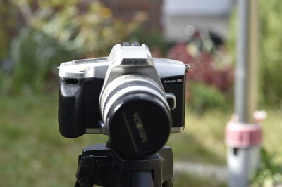 Close-up of camera on field