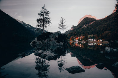 Scenic view of lake by trees against sky