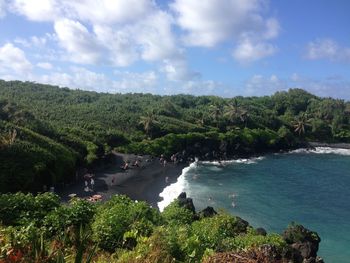 High angle view of sea and trees against sky