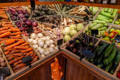 High angle view of vegetables for sale at market stall