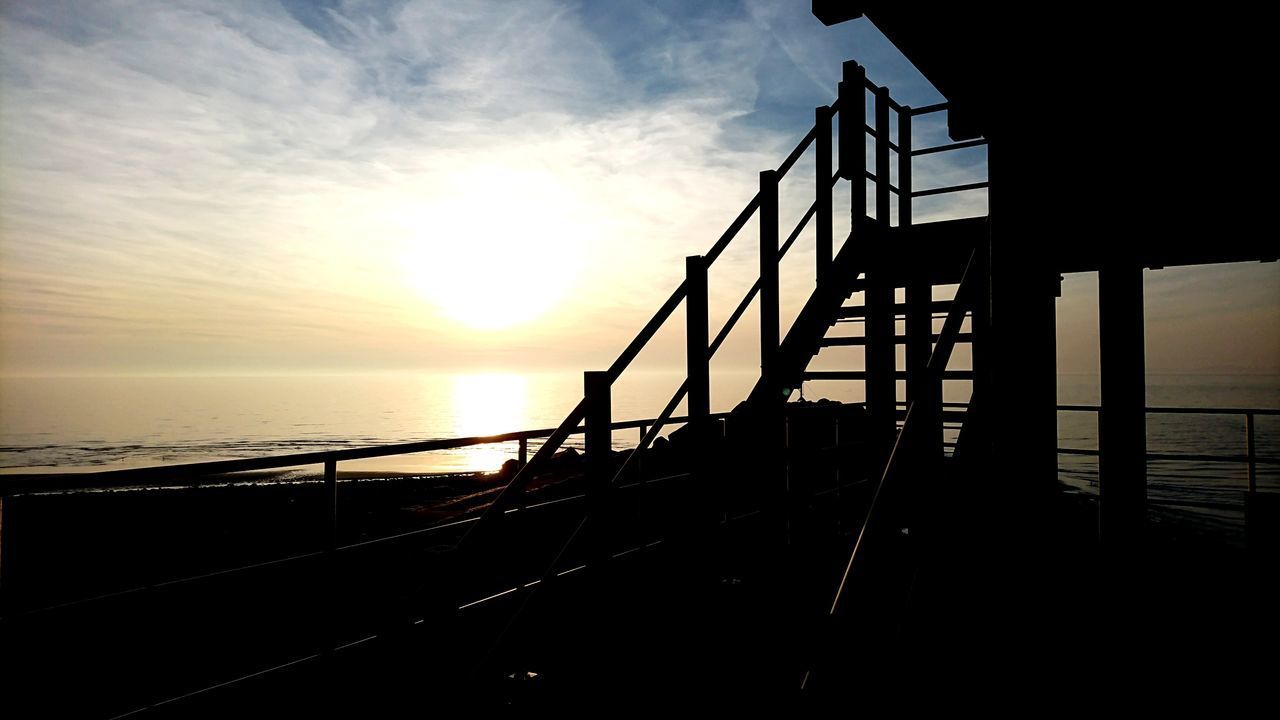 SILHOUETTE RAILING BY SEA AGAINST SKY DURING SUNSET