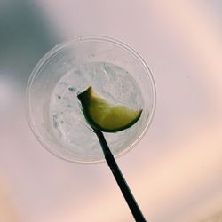 High angle view of lemon slice with drink in glass on table