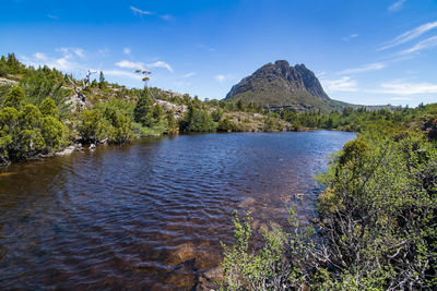 Scenic view of lake and mountains against sky