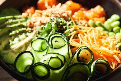 High angle view of chopped vegetables in bowl