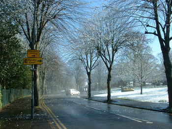 Road sign by bare trees during winter