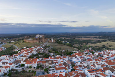 Arraiolos village drone aerial view at sunset in alentejo, portugal