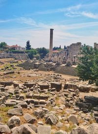 High angle view of old ruins against sky