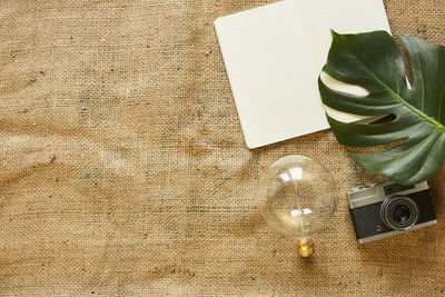 High angle view of open book on table