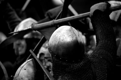 Rear view of person in medieval soldier costume