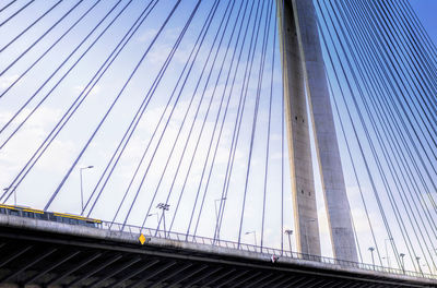 Low angle view of suspension bridge against sky