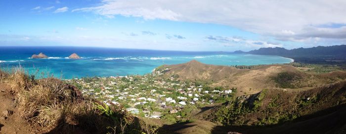 Panoramic view of sea and landscape against sky on sunny day