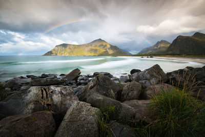 Scenic view of sea and mountains against sky