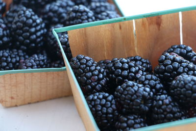High angle view of blackberries in container on table