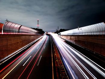 High angle view of light trails on highway