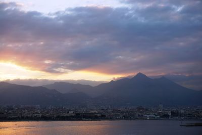 Scenic view of mountains against sky during sunset