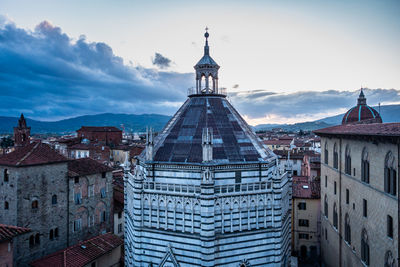 High angle view of buildings in city against sky
