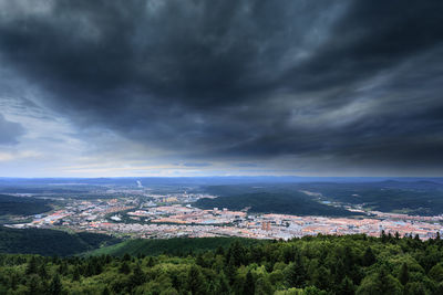 Aerial view of city against cloudy sky