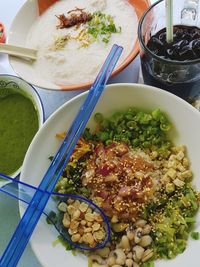 High angle view of meal served on table