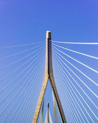 Low angle view of suspension bridge against clear blue sky