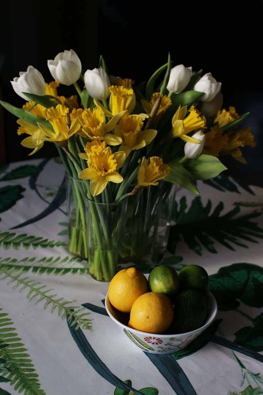 flower, yellow, freshness, table, food, healthy eating, no people, black background, close-up, indoors, flower head