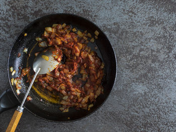 Directly above shot of food in pan on table