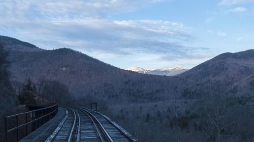 Railroad tracks amidst mountains against sky