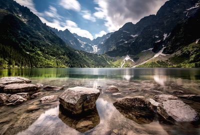 Scenic view of lake and mountains against sky