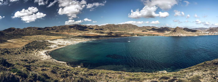 High angle view of bay against sky