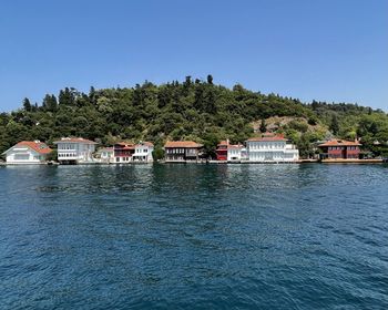 Scenic view of sea against clear blue sky