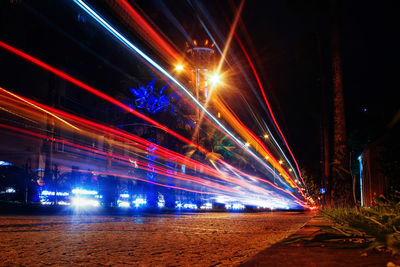 Light trails on road at night