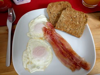 High angle view of breakfast served on table