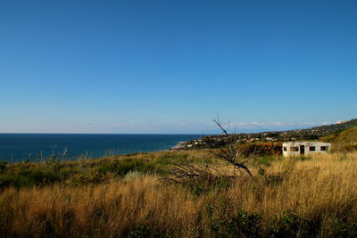 Scenic view of sea against clear blue sky