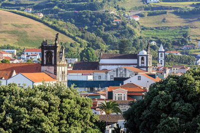 High angle view of trees and buildings in city