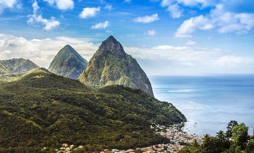 Scenic view of sea and mountains against sky